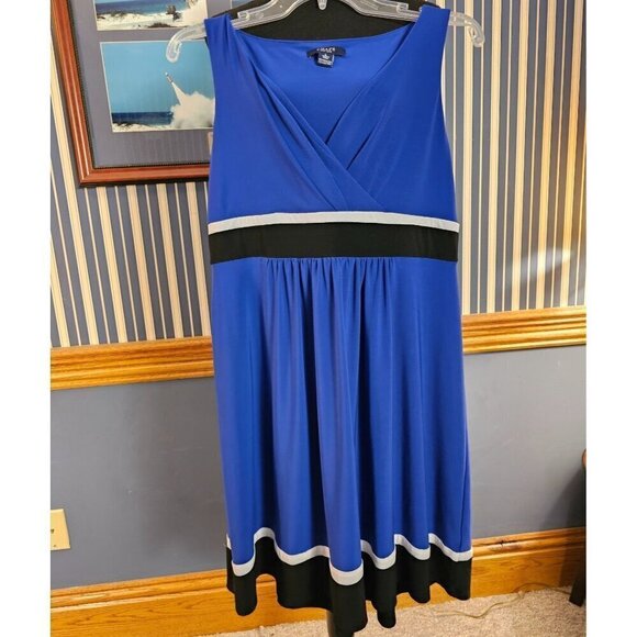Chaps Blue Smooth Stretch Sleeveless Dress With Black & White Trim V-Neck Size L - Picture 5 of 5
